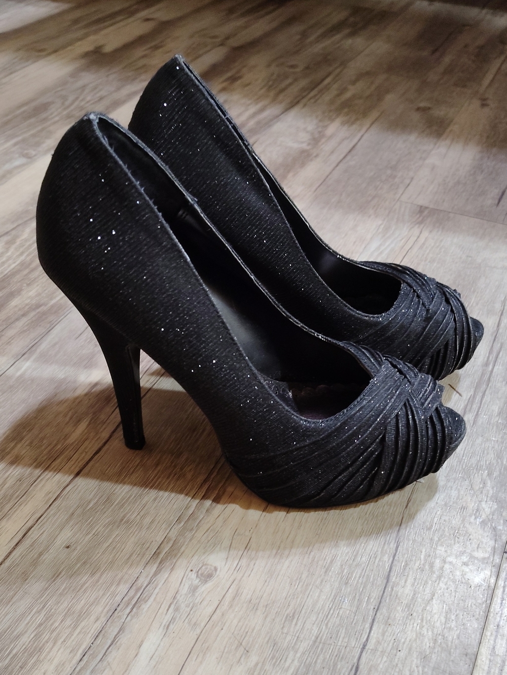 Lulu Townsend Black Glitter Peep-Toe Stiletto Heels